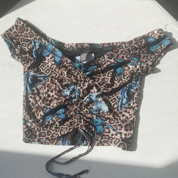 3/$12 Rue21 top Butterfly animal print cinch string in front casual boho M jr - Picture 15 of 17